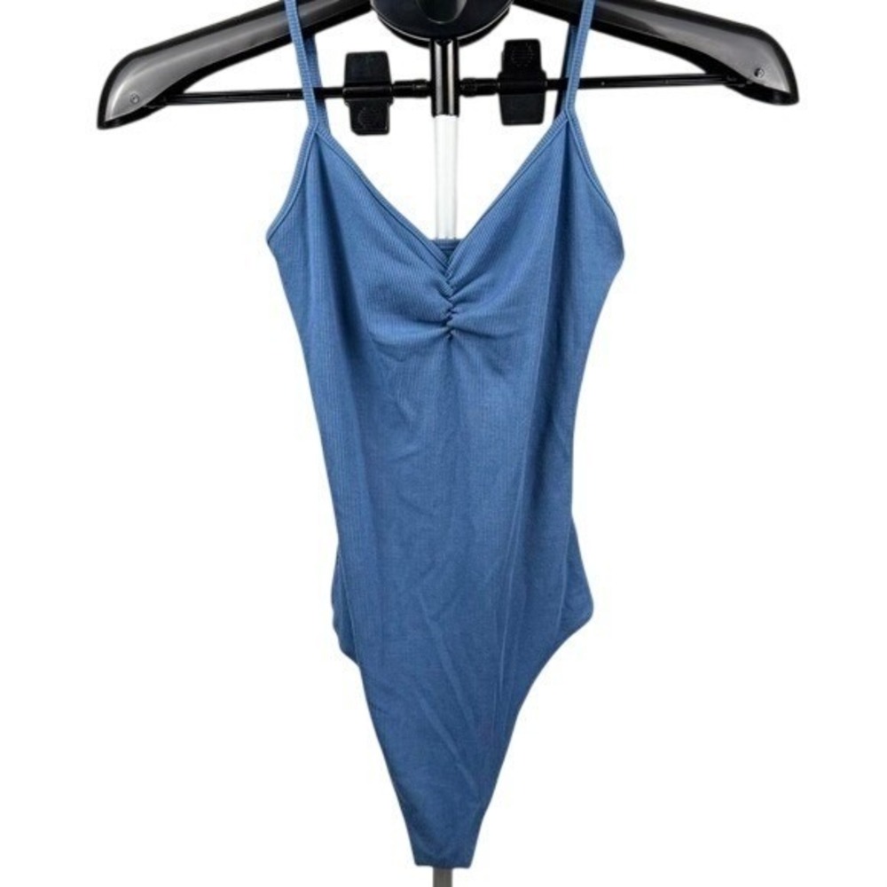Blue Ribbed Ruched Bodysuit Minimalist‎ Y2K Spaghetti Strap Tank XS